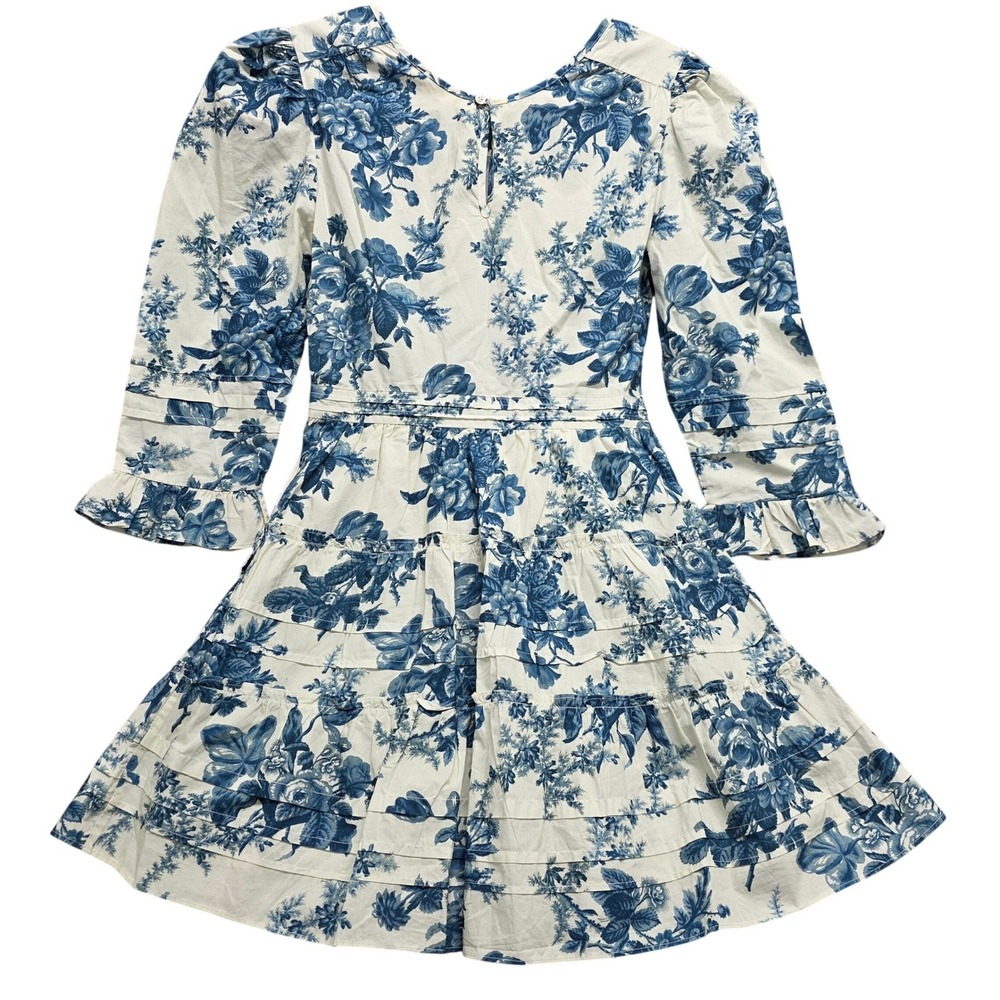 LoveShackFancy Blue Floral Toile Cotton Tiered‎ Ruffle Mini Dress Womens Size 0 - Picture 2 of 7